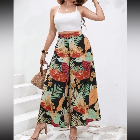 Boho floral leaves tropical print wide leg palazzo pants - Picture 7 of 12